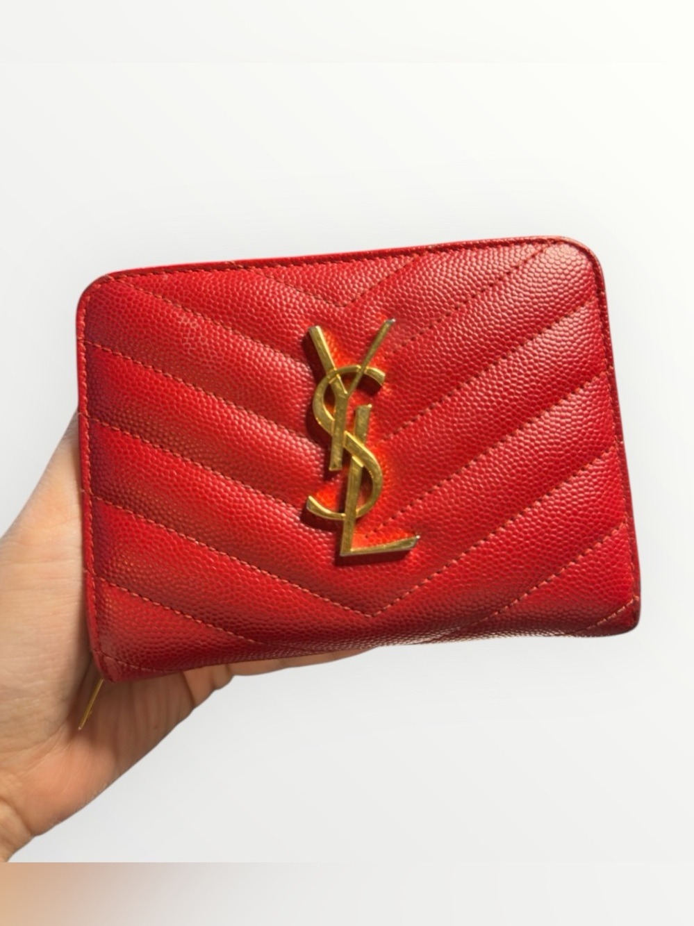 Saint Laurent Red Quilted Zip-Around Wallet with Gold YSL Emblem - Picture 1 of 6